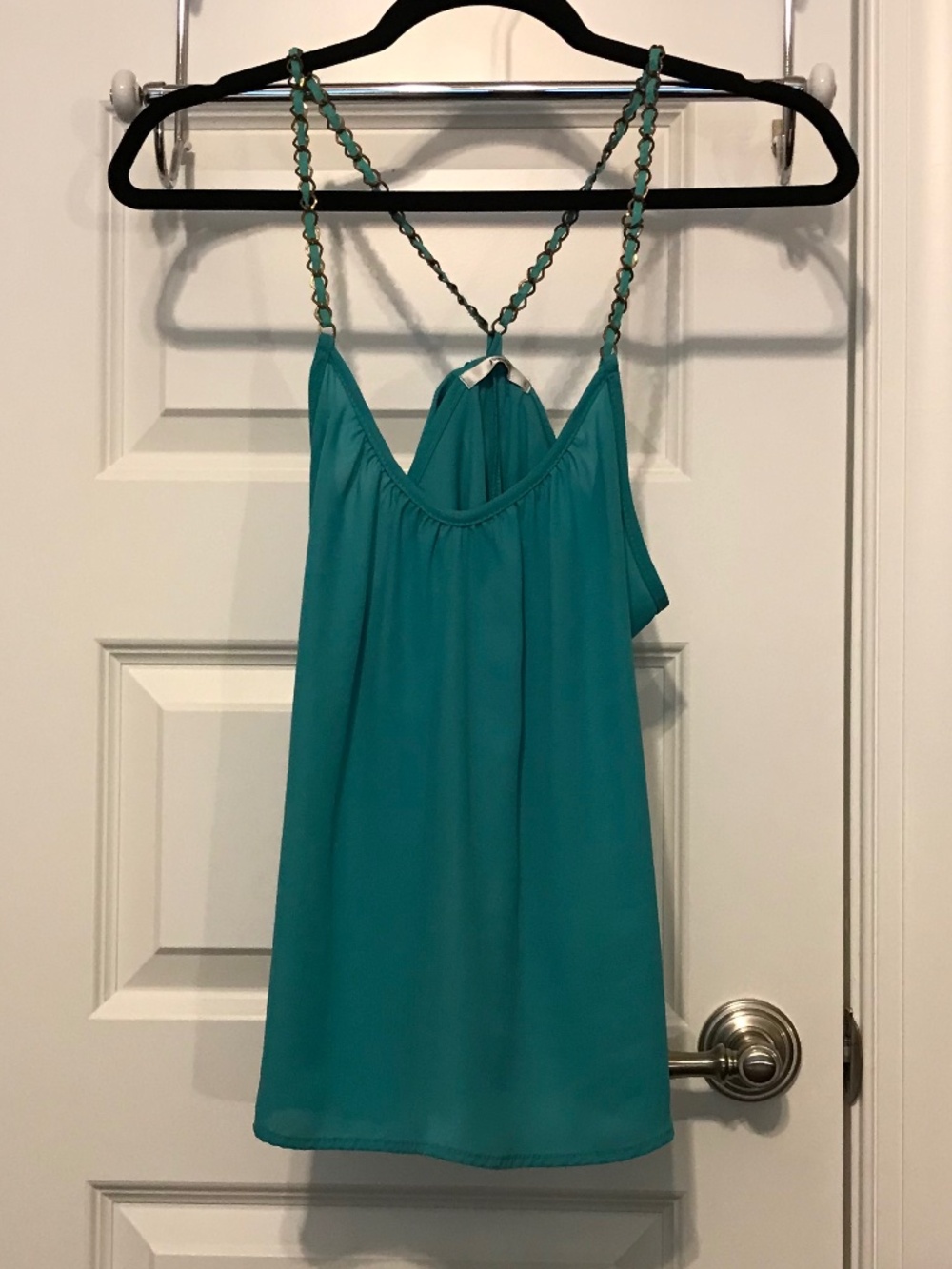 Papaya green v-neck tank top, suede & chain spaghetti straps, bow in back (S)